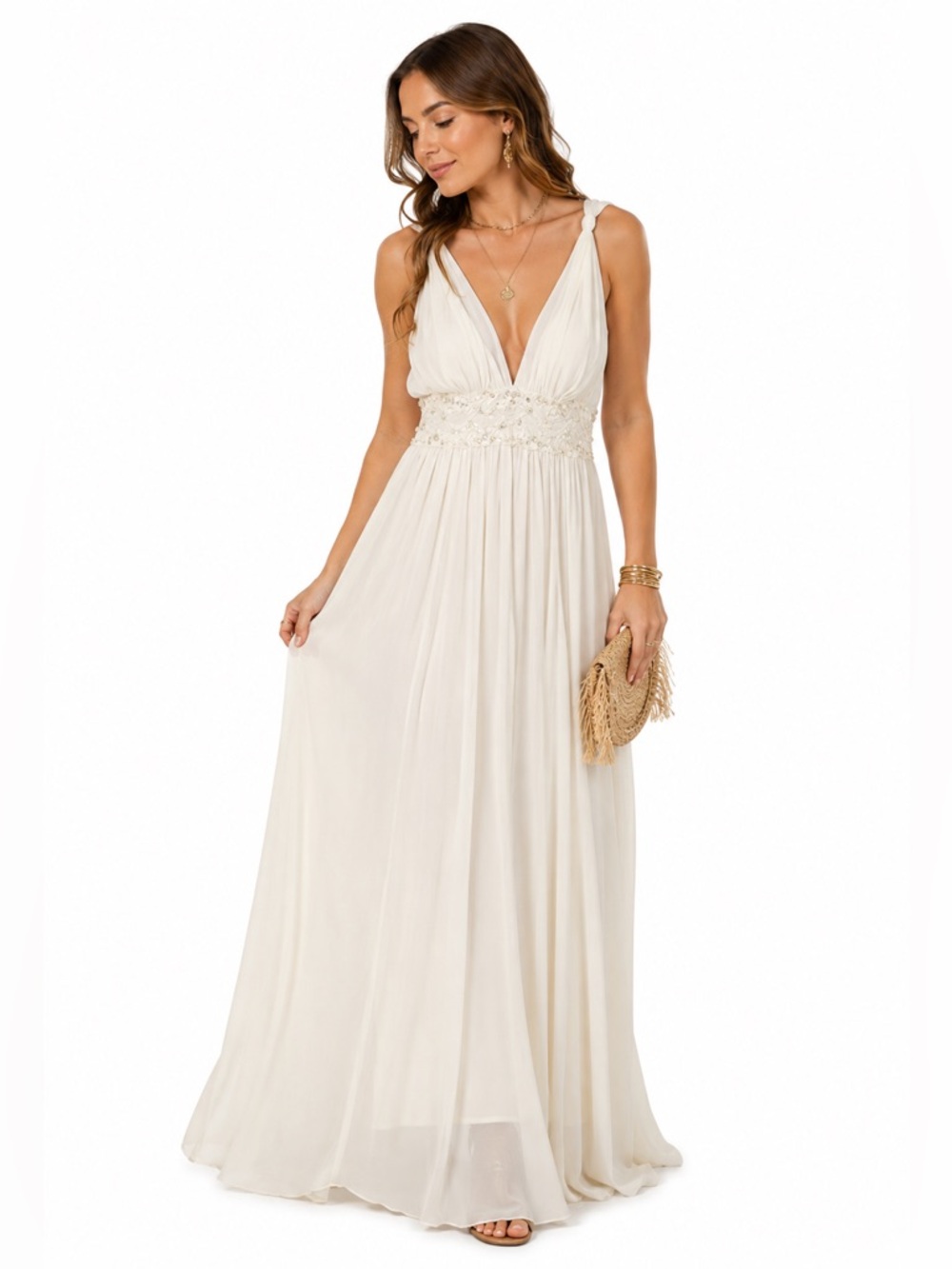 Jolie Womens White Beaded Dress Size 2 Wedding Sleeveless Sheer Formal Lined